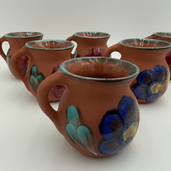 Set of 6 Mexican Clay Pottery Coffee Cup Chocolate Mug Hand Painted Flowers EUC - Picture 1 of 16